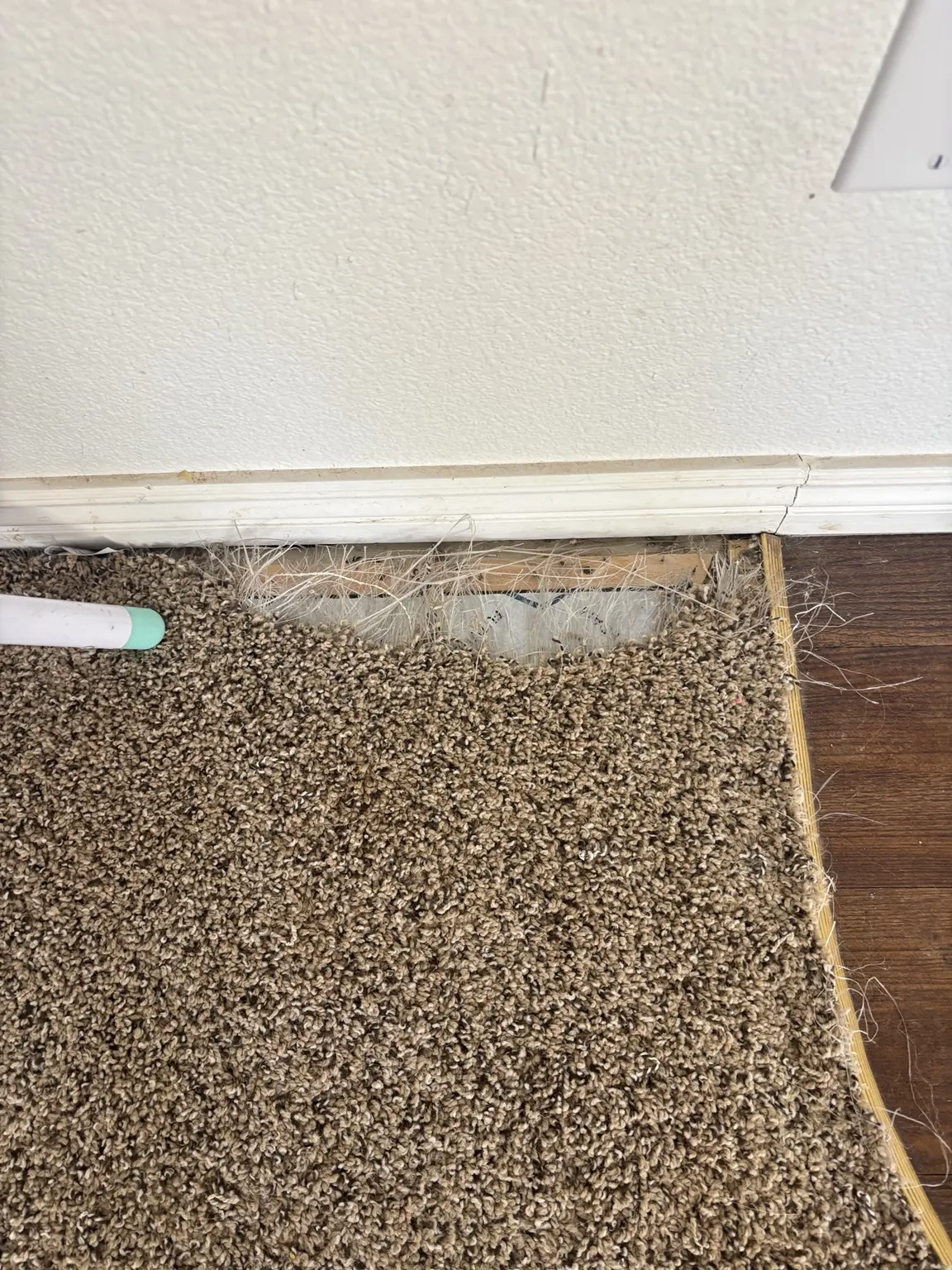 Damaged carpet edge and flooring transition before repair